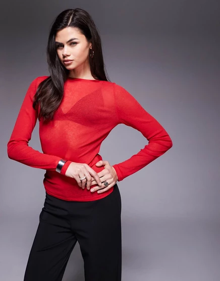 Полупрозрачный топ с открытой спиной и длинными рукавами от ASOS DESIGN красного цвета red