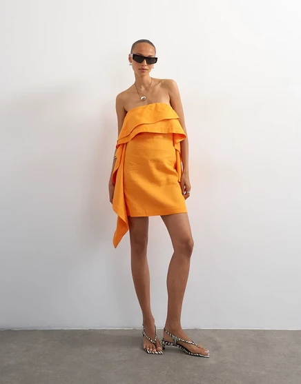 Женское мини-платье-бандо TopShop драпированное из льняной смеси, оранжевое