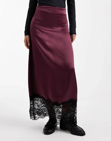 Юбка макси Miss Selfridge из атласа и кружева по диагонали на рис fig