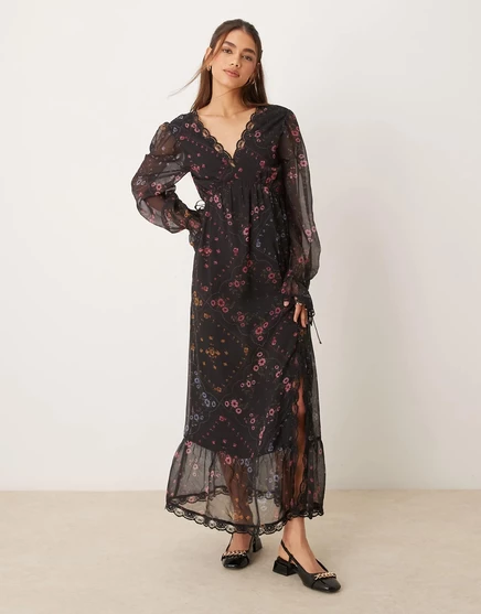 Макси-платье Miss Selfridge с кружевной вставкой и цветочным принтом multi