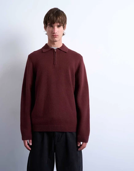 Поло Topman standard fit на молнии темно-красного цвета burgundy