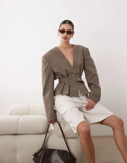 Женский пиджак ASOS Design 80s с поясом, серая клетка