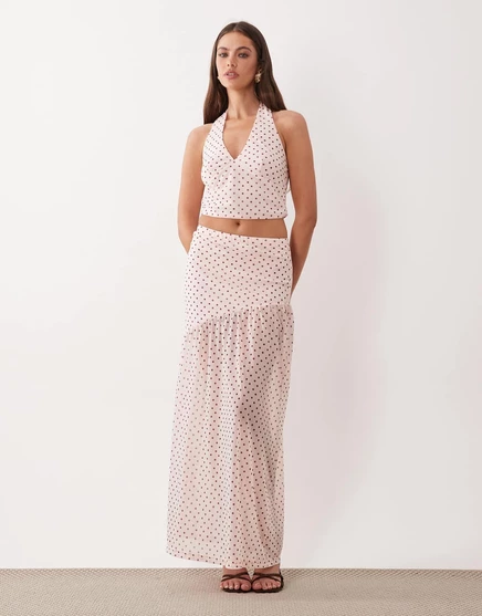The Frolic exclusive chiffon sheer hem detail maxi skirt in pink polka dots - part of a set pink