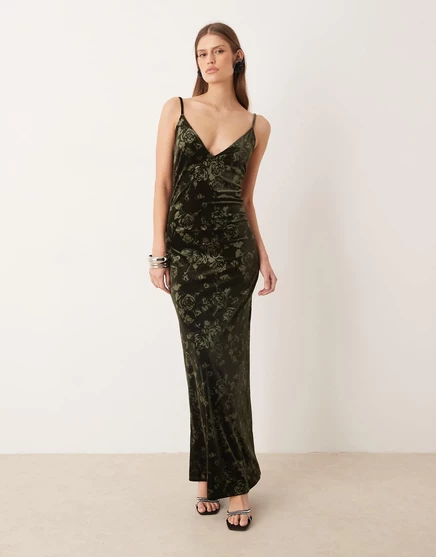 Макси-платье из розового жаккардового бархата Gina Tricot темно-зеленого цвета dark green