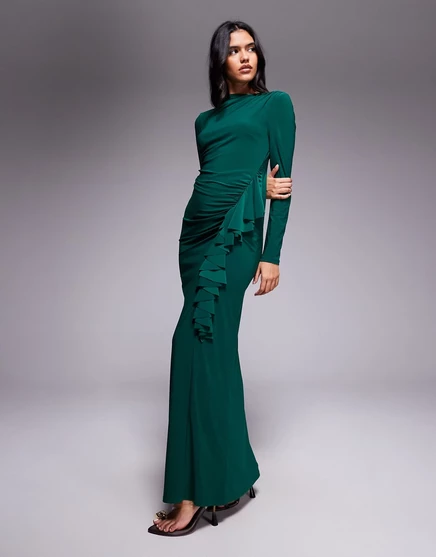 Эксклюзивное макси-платье Daska с высоким воротом изумрудно-зеленого цвета emerald green