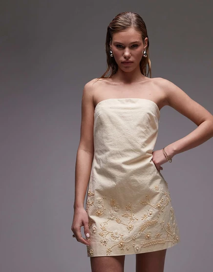 Структурированное платье-бандо Topshop, расшитое рафией, цвета сливочного масла buttermilk