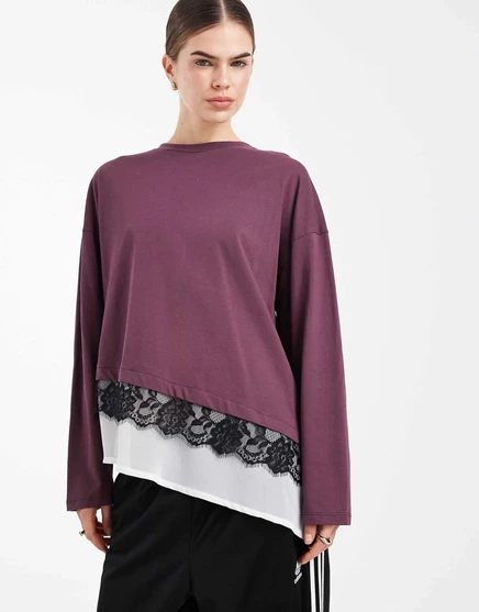 ДИЗАЙНЕРСКИЙ топ ASOS с длинным рукавом, шифоновой подкладкой и кружевной отделкой черного и кремового цветов black & cream