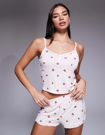 Пижамный комплект из топа и шортиков Boux Avenue в розовый горошек цвета слоновой кости ivory