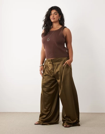 Женские брюки ASOS Design Curve атласные широкие, хаки