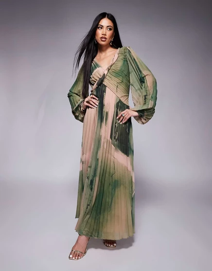 Плиссированное макси-платье с запахом спереди от ASOS DESIGN twist detail с зеленым акварельным принтом watercolour print