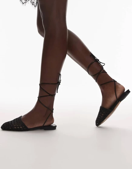 Плетеные туфли на плоской подошве Topshop Arri черного цвета с завязками black
