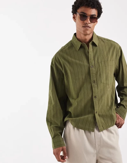 Мужская рубашка asos design оверсайз льняного эффекта в полоску, хаки