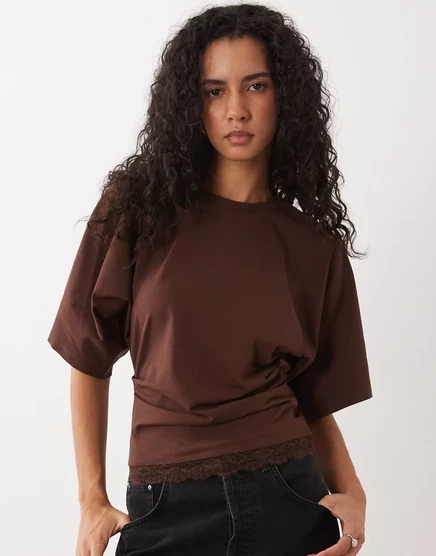 Женская футболка ASOS Design с кружевом, коричневая