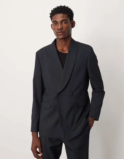 Классический темно-синий пиджак в тонкую полоску с шалью на шее от ASOS DESIGN navy