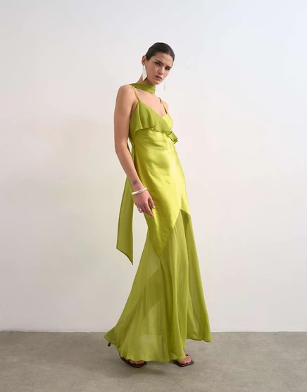 Макси-платье-комбинация из смешанной ткани Topshop с оборками зеленого цвета green