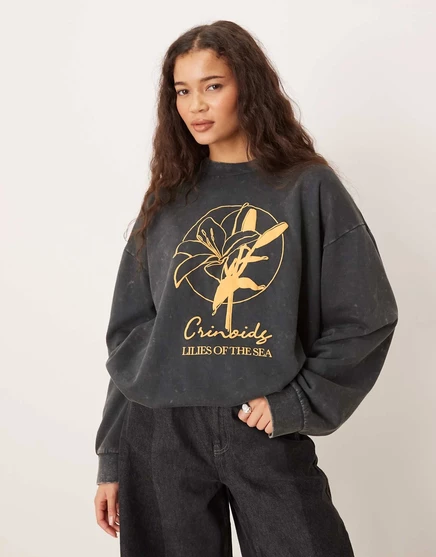 ДИЗАЙНЕРСКАЯ толстовка оверсайз от ASOS с изображением цветка лилии, выполненная углем charcoal
