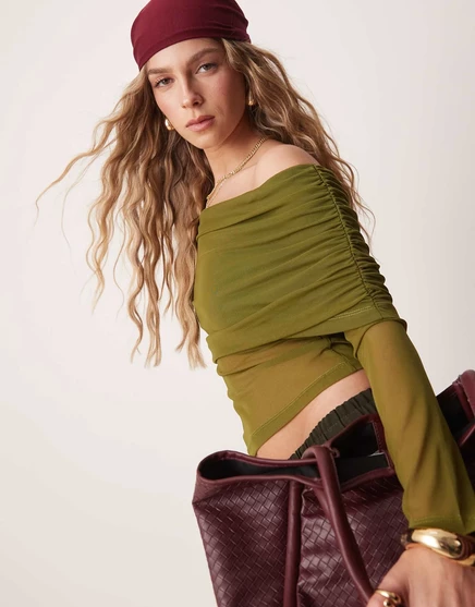 Асимметричный топ с длинными рукавами из сетчатой ткани ASOS DESIGN extreme оливкового цвета olive