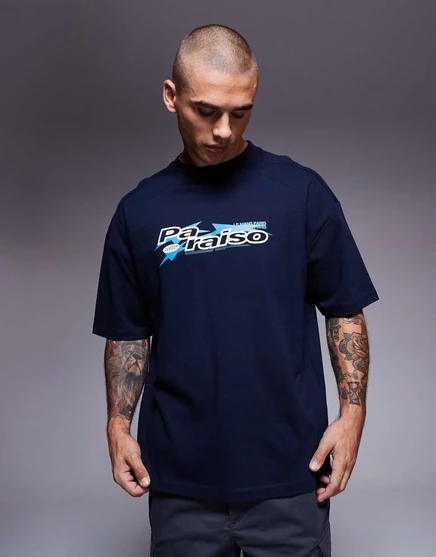  Футболка оверсайз ASOS DESIGN с принтом Paraiso темно-синяя sky captain