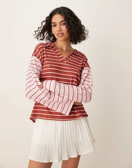 ДИЗАЙНЕРСКИЙ топ ASOS с длинным рукавом и воротником-регби в смешанную полоску multi
