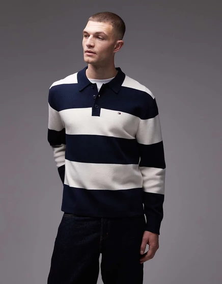 Футболка-поло для регби Tommy Hilfiger в полоску с длинными рукавами темно-синего и кремового цветов  multi