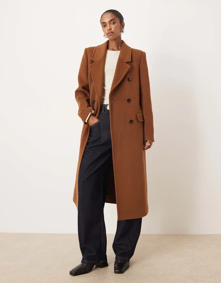 Двубортное пальто коричневого цвета из смеси шерсти Mango, сшитый на заказ brown