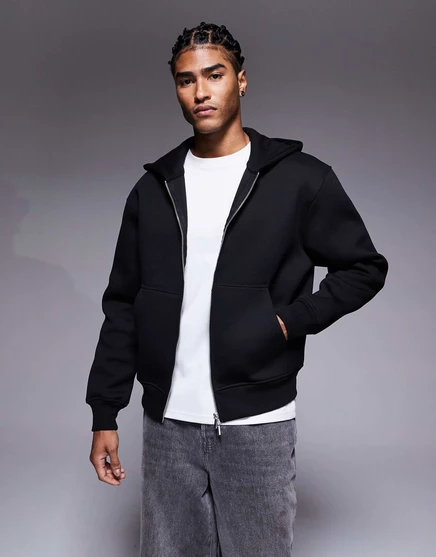 Облегающая толстовка с капюшоном на молнии от ASOS DESIGN heavyweight свободного кроя из ткани в стиле скуба черного цвета black