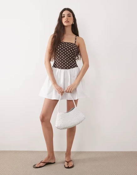 Женское мини-платье ASOS Design в горох с квадратным вырезом, коричнево-белое