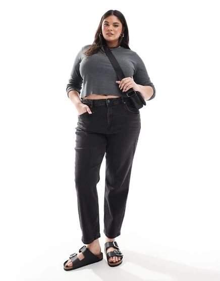 Женские джинсы ASOS Curve Mom с эффектом потертости, черные