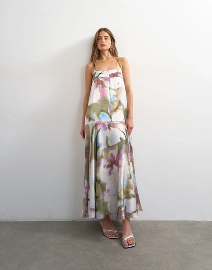 Женское макси-платье Topshop атласное, акварельный принт
