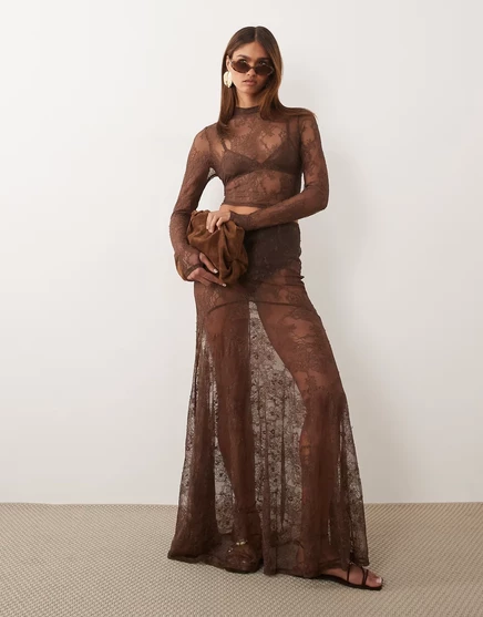 Юбка макси из коричневой кружевной ткани ASOS X THE SOURCED COLLECTION коричневого цвета