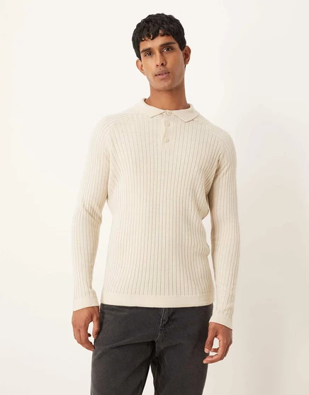 Трикотажная футболка-поло с длинным рукавом кремового цвета от ASOS DESIGN muscle fit cream