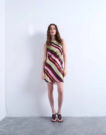 Атласное мини-платье Topshop с вырезом на спине в зеленую/розовую полоску multi