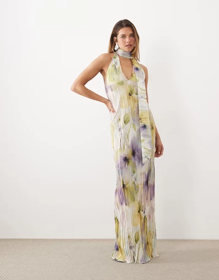Макси-платье ASOS DESIGN pliss с шарфом фиолетового цвета с цветочным принтом purple floral