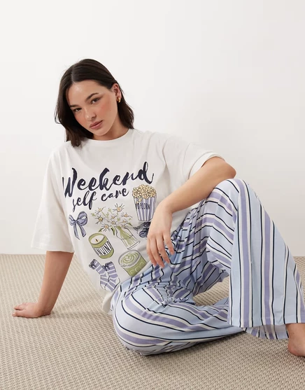 Женская пижама ASOS Curve оверсайз футболка и штаны синяя