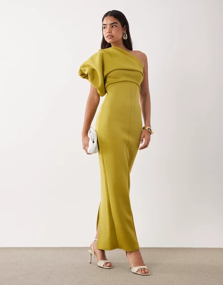 Макси-платье ASOS DESIGN с запахом на одном плече из оливково-зеленой ткани в стиле скуба оливково-зеленого цвета