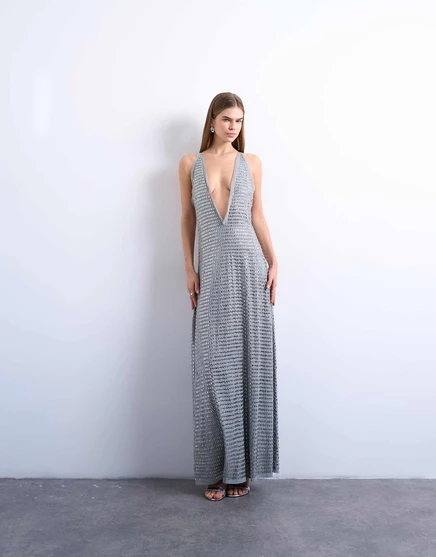 Макси-платье Topshop с глубоким v-образным вырезом и горячей фиксацией серебристого цвета silver