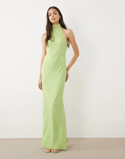 Длинное шифоновое платье миди с высоким вырезом от ASOS DESIGN нежно зеленого цвета