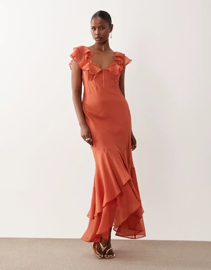 Женское макси-платье ASOS Design рюши, шлейф, терракотовое