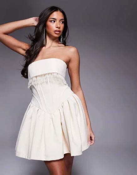 Роскошное корсетное мини-платье из льняной смеси ASOS с отделкой искусственным жемчугом кремового цвета