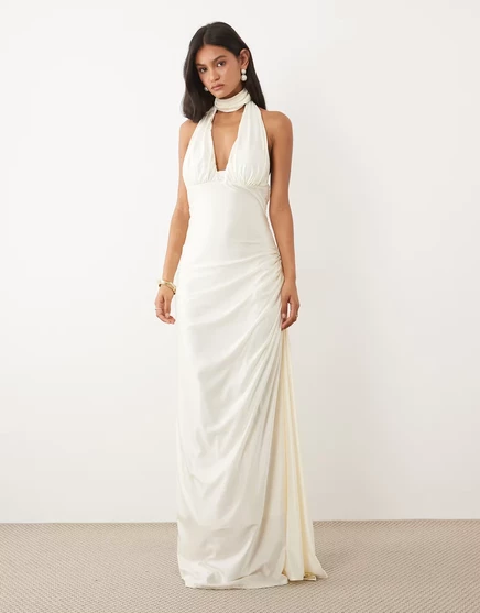 Женское макси‑платье JW Pei Bridal с чокером и глубоким вырезом, айвори
