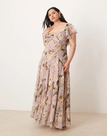 Платье миди с пышной юбкой и заниженной талией от ASOS DESIGN c сиреневым цветочным принтом lilac floral