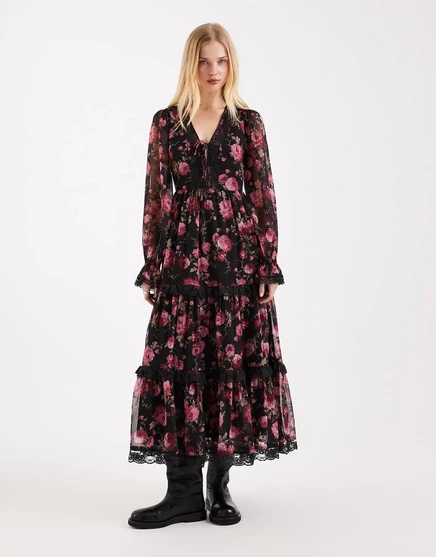 Макси-платье Miss Selfridge с корсетом и черным цветочным принтом в виде роз