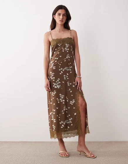 Женская комбинация ASOS Design с кружевом, мокко в цветочек