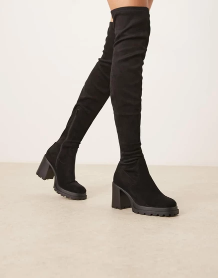 Сапоги выше колена ASOS DESIGN Kai на массивном каблуке из черной замши black