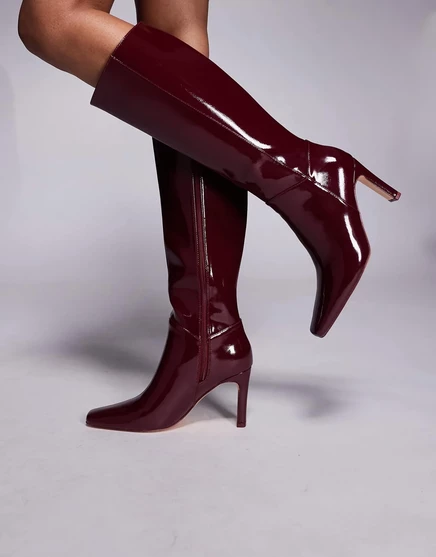 Бордовые сапоги до колена на каблуке с квадратным носком burgundy high shine
