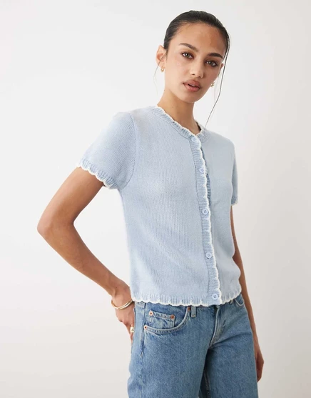 Кардиган Miss Selfridge с коротким рукавом и вышивкой в виде одеяла синего цвета