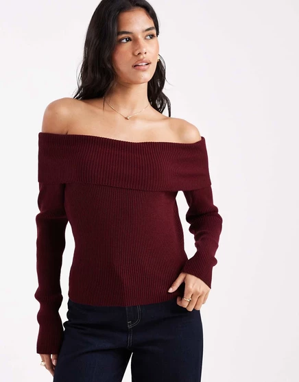 Вязаный топ Miss Selfridge от бордо в рубчик с длинным рукавом на рис plum