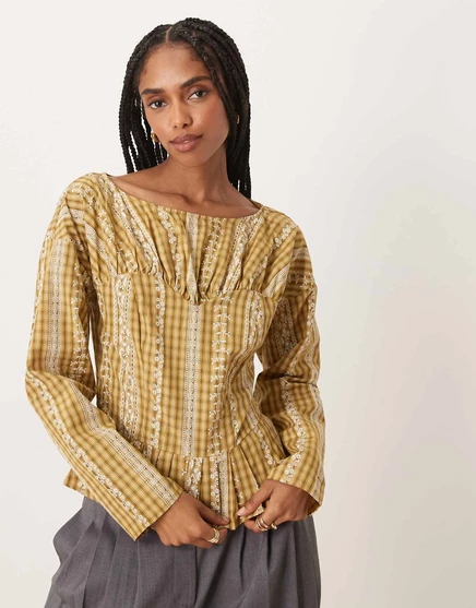 Гламурная блузка в желтую клетку с завышенной талией yellow check