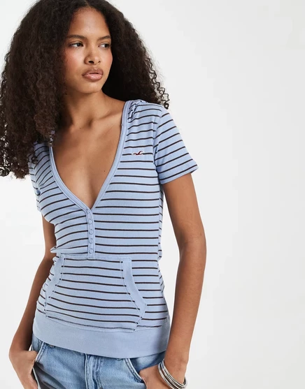 Женская футболка-худи Hollister с капюшоном, синяя в полоску