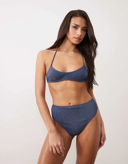 Облегающий укороченный топ-бикини ASOS DESIGN Riddy Antibes с блестками в рубчик на бретельках темно-синего цвета slate blue